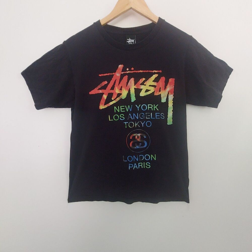 Stussy Shirt Mens Smal World Tour City Logo Rainbow Graphic Tee Black Streetwear